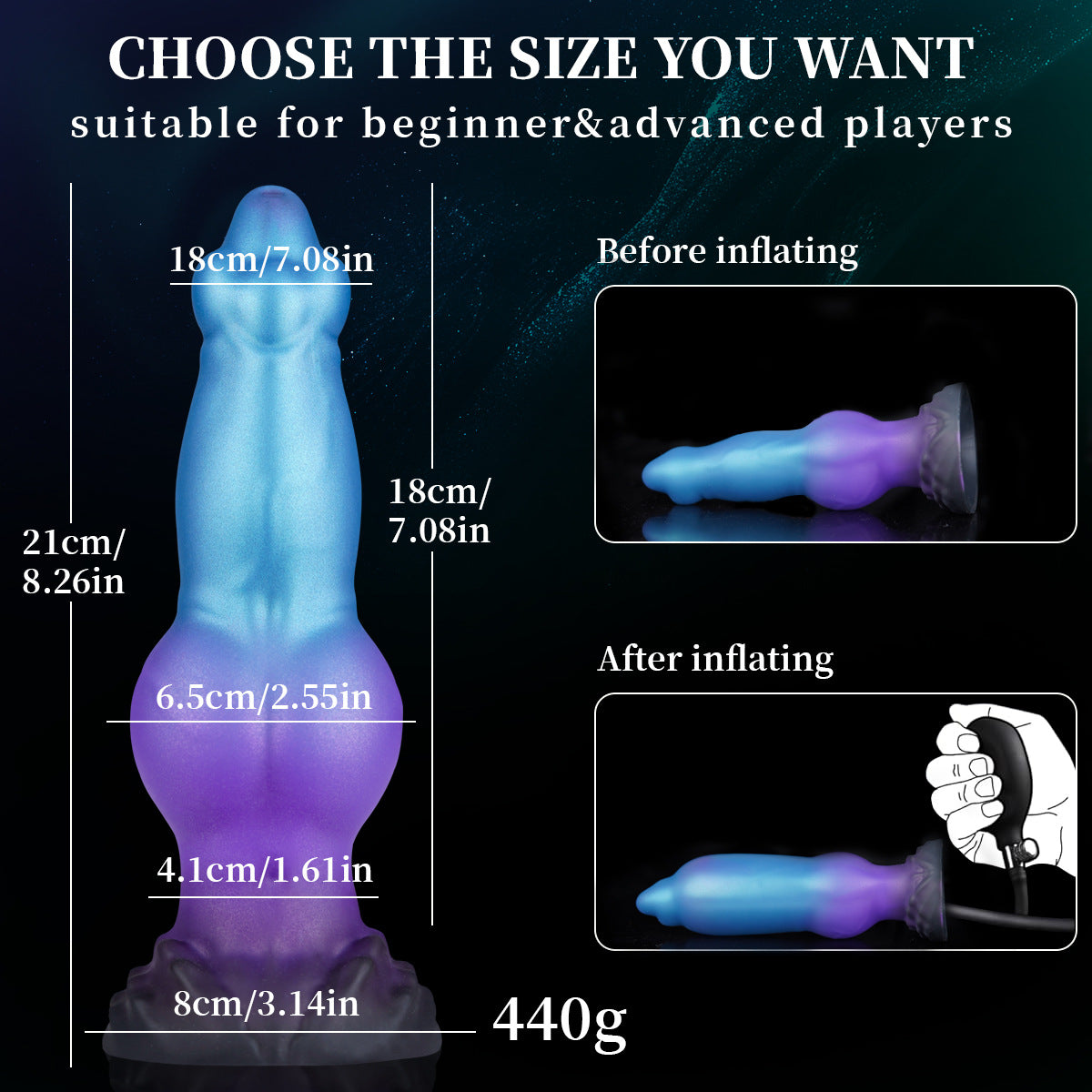 Liquid silicone irregularly shaped inflatable sex dildo