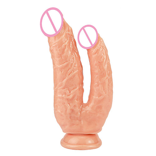 Double-headed, suction cup-equipped realistic dildo for lesbians.