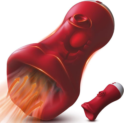 Red lips and tongue licking male masturbation cup