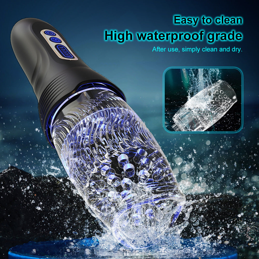 Automatic clamping, suction, retractable and rotating electric male masturbator