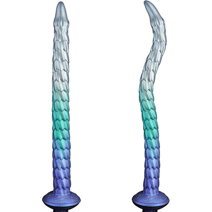 Extra-long, irregularly shaped, dragon-scale threaded anal plug simulated penis