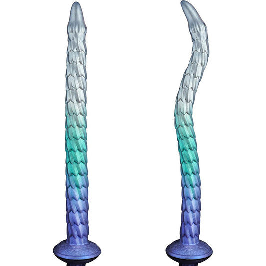 Extra-long, irregularly shaped, dragon-scale threaded anal plug simulated penis