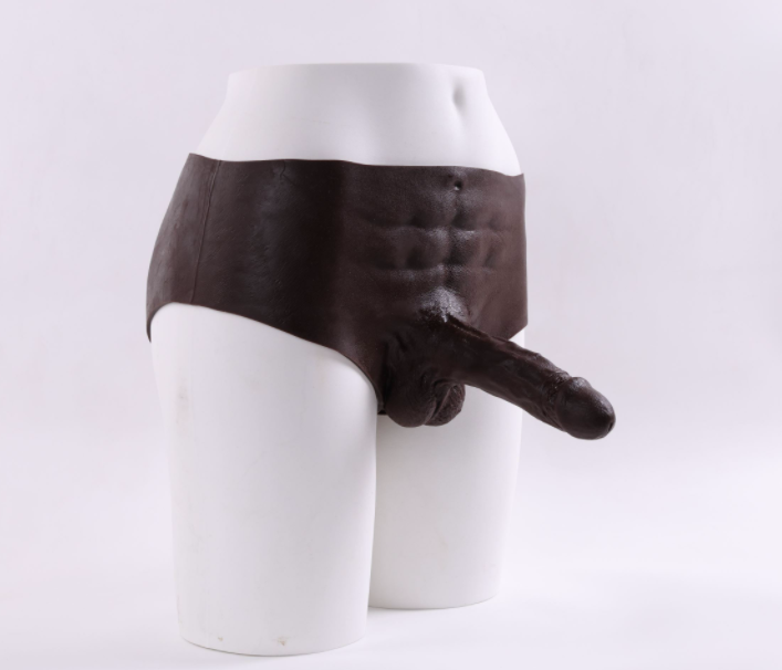 Wearing realistic fake penis leather pants, lesbian solid dildo