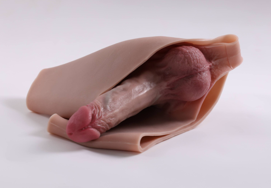 Wearing realistic fake penis leather pants, lesbian solid dildo