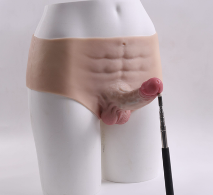 Wearing realistic fake penis leather pants, lesbian solid dildo