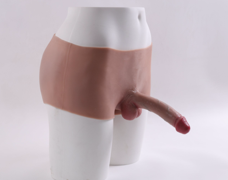 Wearable pants, female disguised as male, liquid silicone dildo pants