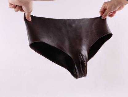 Male to female transformation, covering and concealing penis and genitals, CD crossdressing, fake genital panties, triangle panties, insertable.