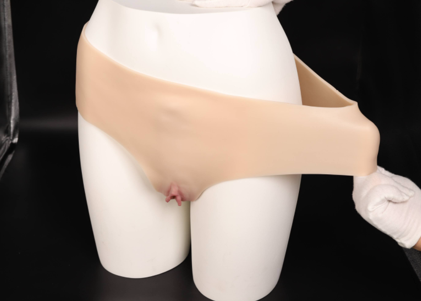 Male to female transformation, covering and concealing penis and genitals, CD crossdressing, fake genital panties, triangle panties, insertable.